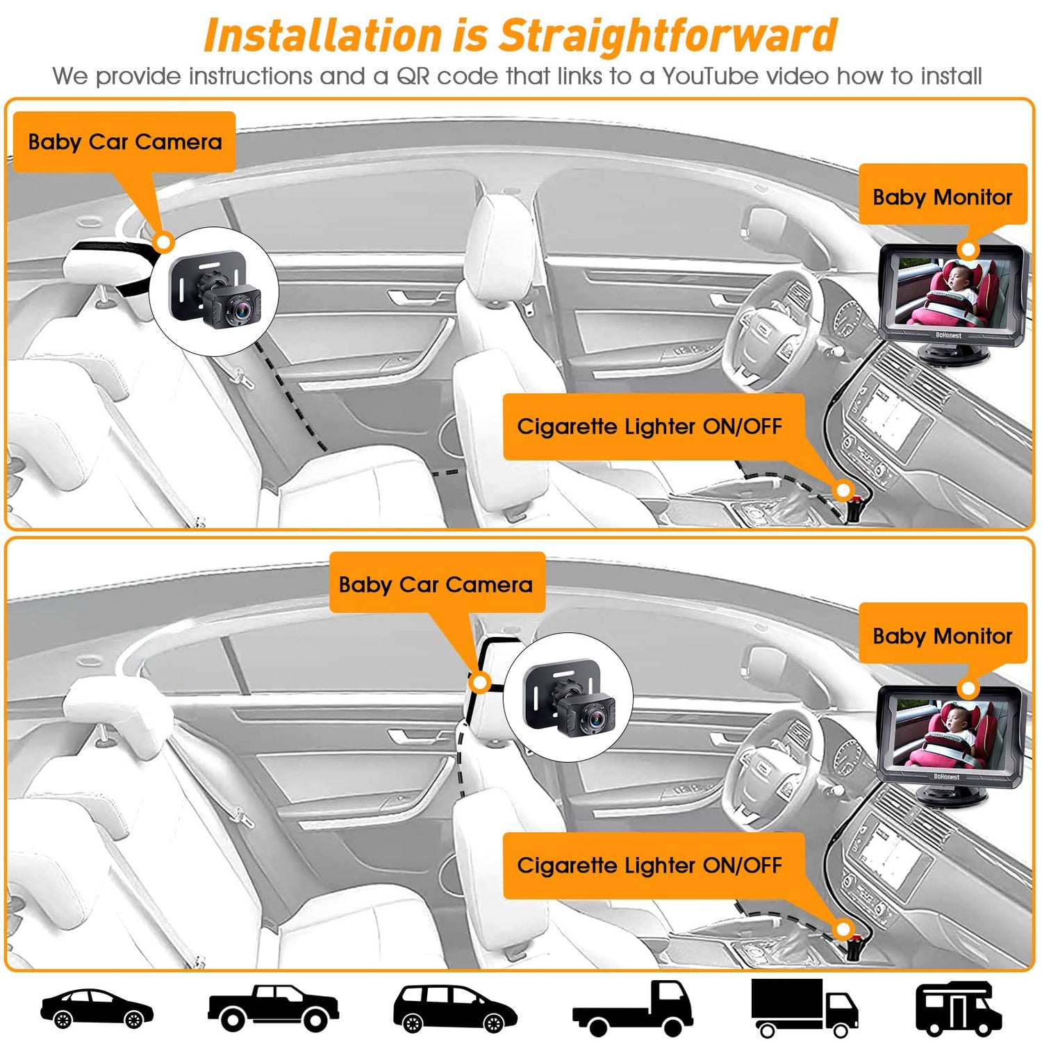 DoHonest Baby Car Camera 7-Inch: USB Plug and Play Easy Setup 360 Degree Rotating Backseat Camera Two Kids HD 1080P Rear Facing Car Seat Camera Clear Night Vision -V9 Black