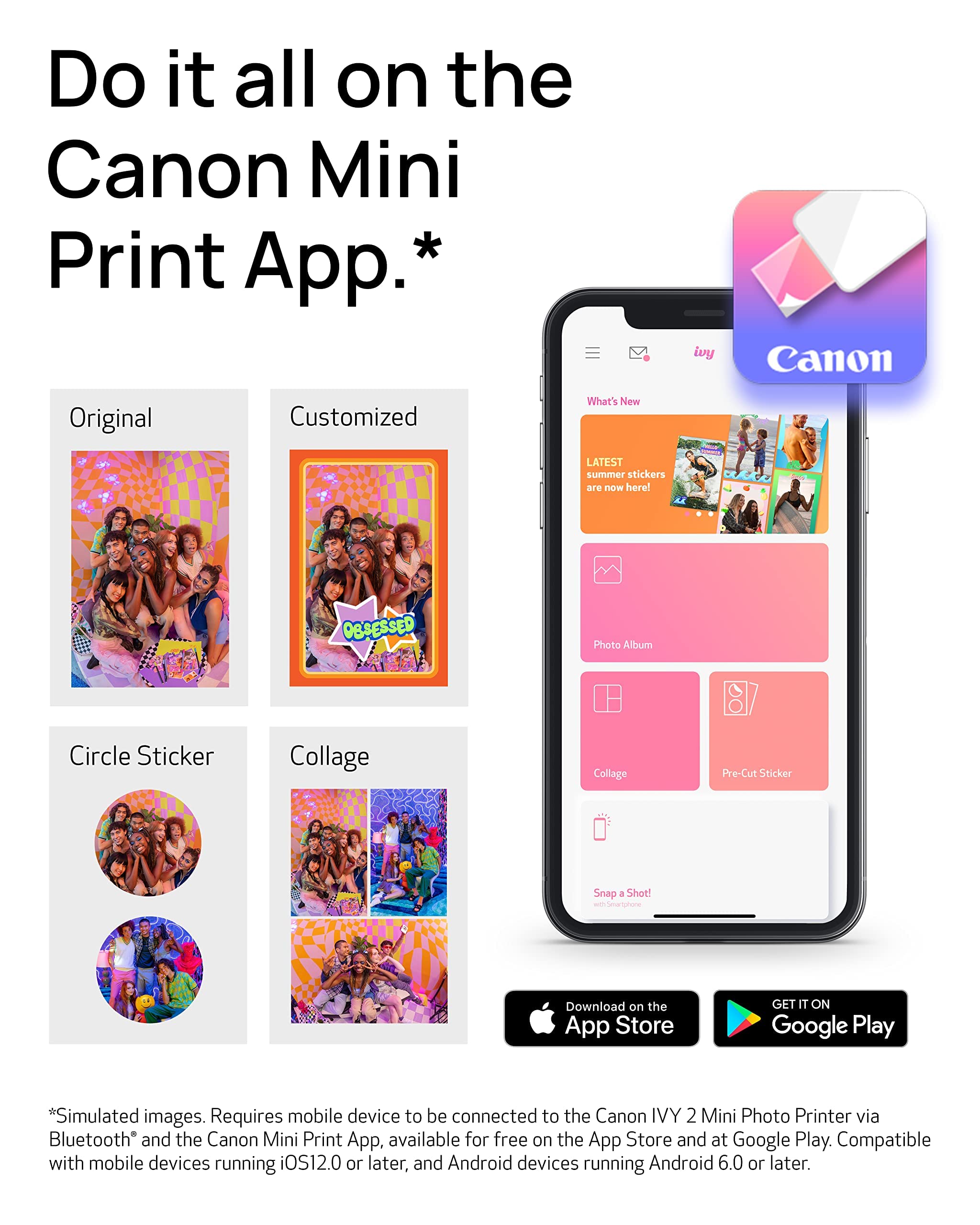 Canon Ivy 2 Mini Photo Printer, Print from Compatible iOS &amp; Android Devices, Sticky-Back Prints, Pure White