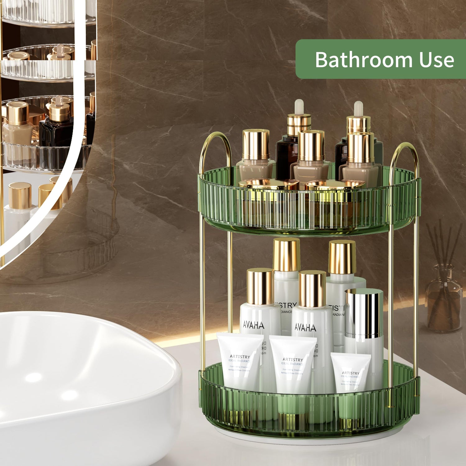 YCIA&amp;DONE 360 Rotating Makeup Organizer and Storage for Vanity Bathroom Countertop, High Capacity Cosmetic Skincare Perfume Organizer for Dresser Lazy Susan Organizers(Clear White,2 Tiers)