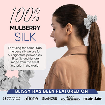 Blissy Silk Scrunchies (3 Pack) - 100% Pure Mulberry Silk - 22 Momme 6A High-Grade Fibers - Silk Scrunchie for Straight &amp; Curly Hair - Preventing Breakage, Tangling, &amp; Creasing (Rose Skinny)