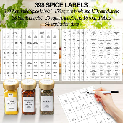 AISIPRIN 24 Pcs Glass Spice Jars with Bamboo Airtight Lids and 398 Labels, 4oz Empty Square Containers Seasoning Storage Bottles - Shaker Lids, Funnel, Brush and Marker Included