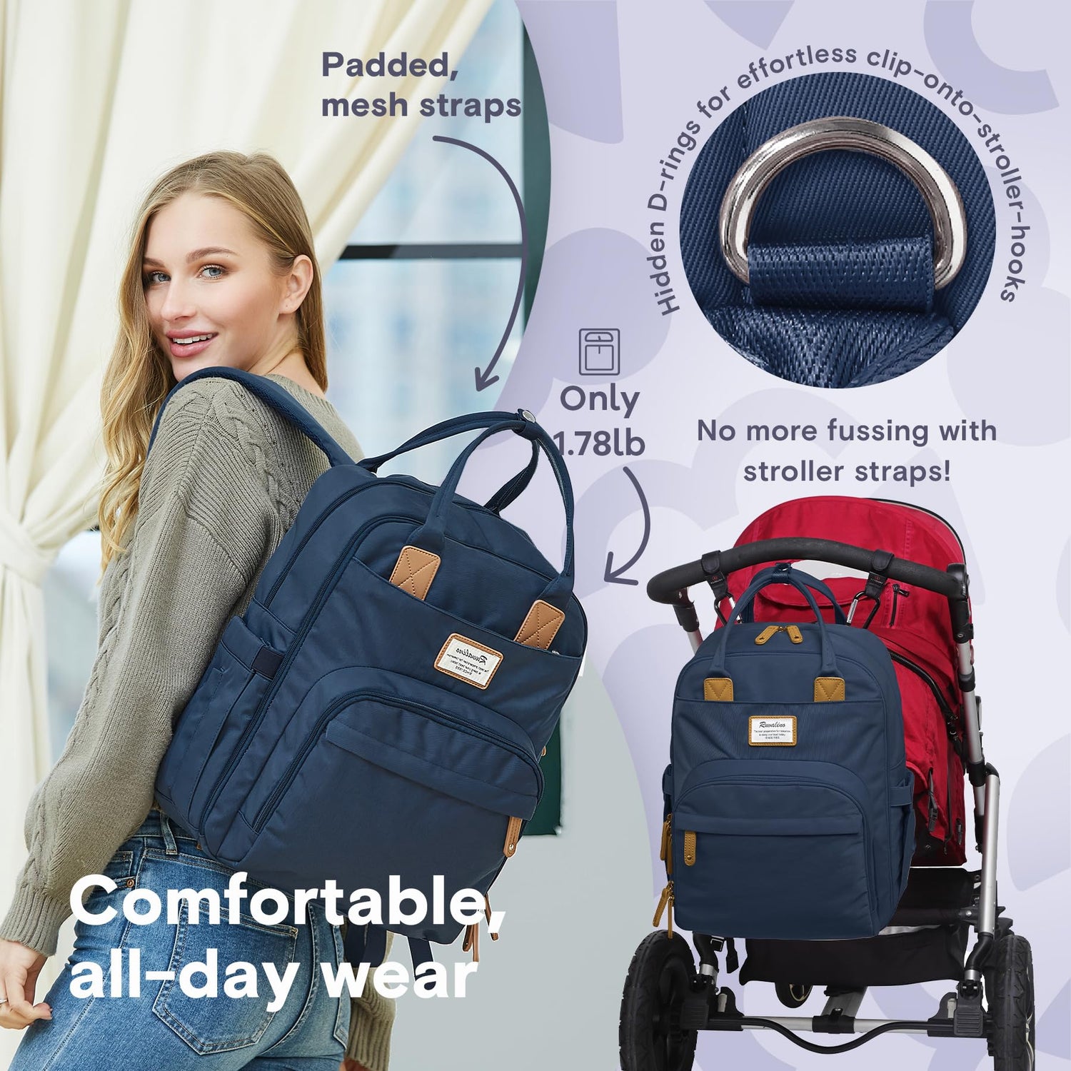 RUVALINO Diaper Bag Backpack, Multifunction Travel Pack Maternity Baby Changing Bags, Large Capacity, Waterproof, Beige