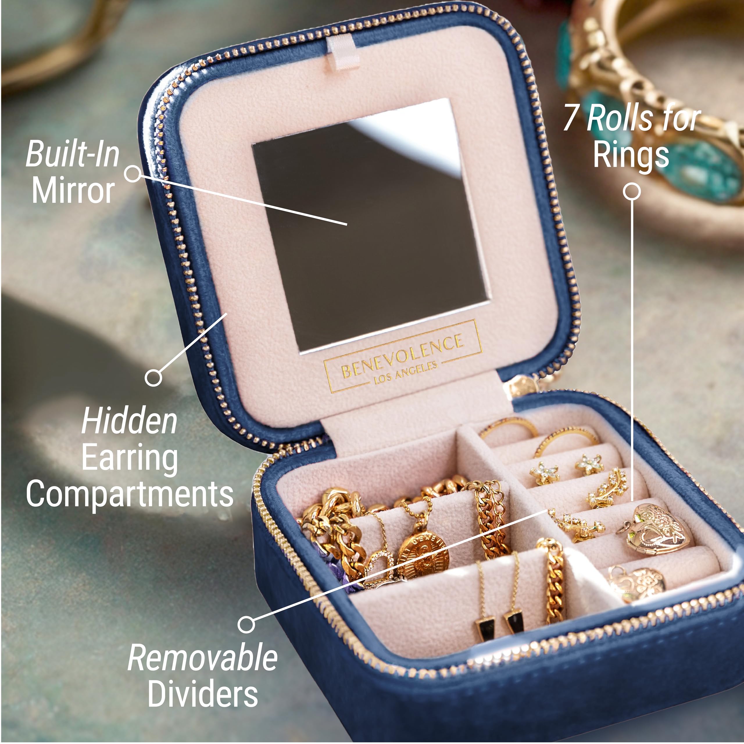 Benevolence LA Plush Velvet Travel Jewelry Storage Box | Travel Jewelry Case Small Jewelry Box for Women | Jewelry Travel Organizer | Earring Organizer with Mirror - Dusty Pink