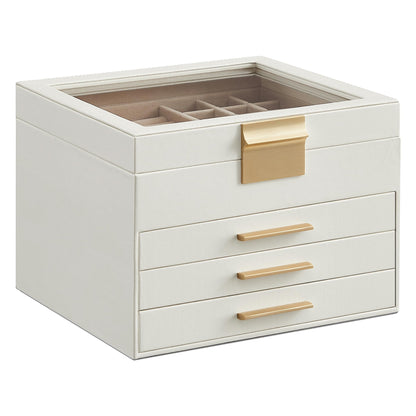 SONGMICS Jewelry Box with Glass Lid, 3-Layer Jewelry Organizer, 2 Drawers, for Big and Small Jewelry, Jewelry Storage, Modern Style, 8 x 9.1 x 5.3 Inches, Cloud White and Gold Color UJBC239WT