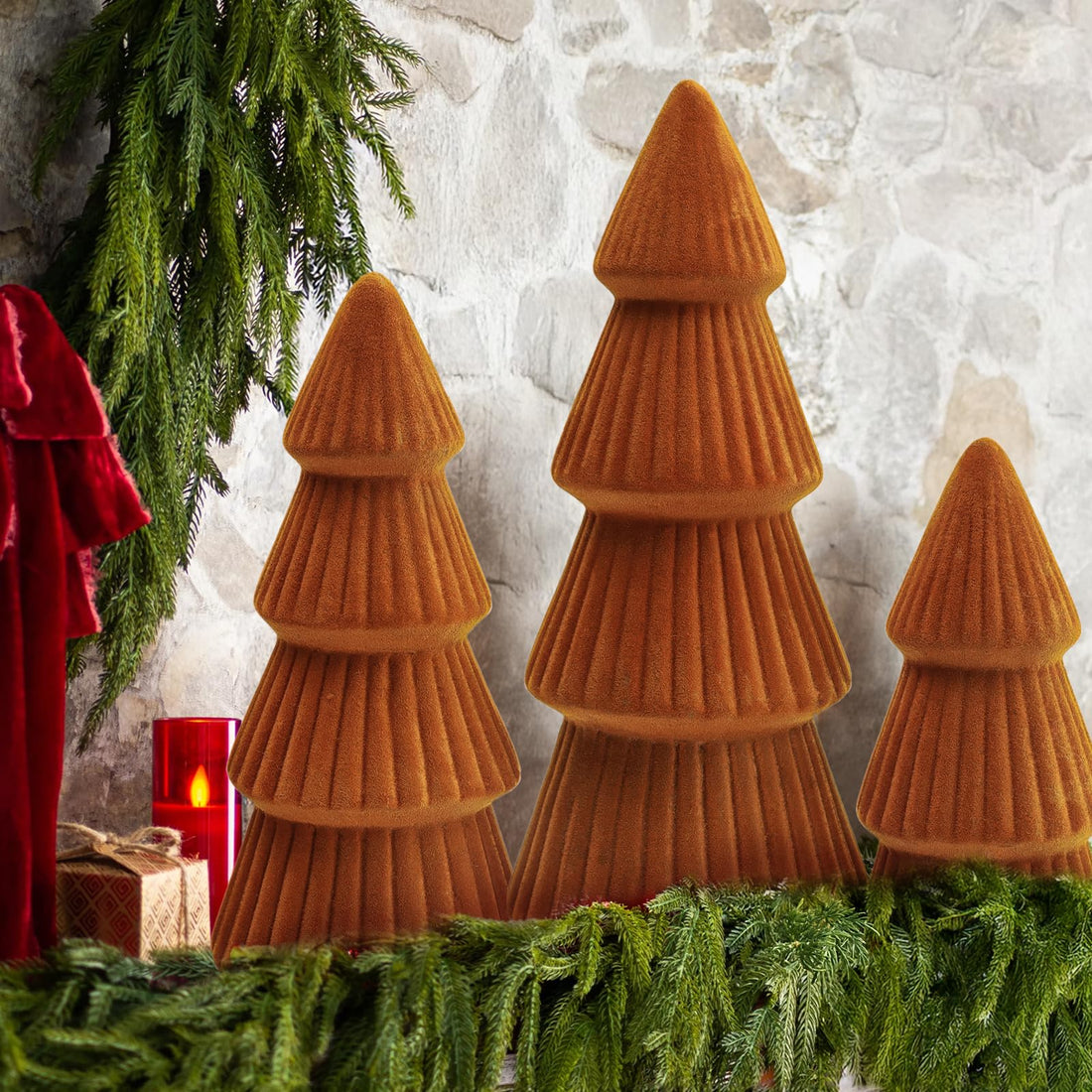 Christmas Decorations Indoor- 3 Pcs Velvet Christmas Tree,Modern Cone Ceramics Christmas Decor Tabletop Winter Home Minimalist for Holiday Entryway Table Mantel Centerpiece(Green)