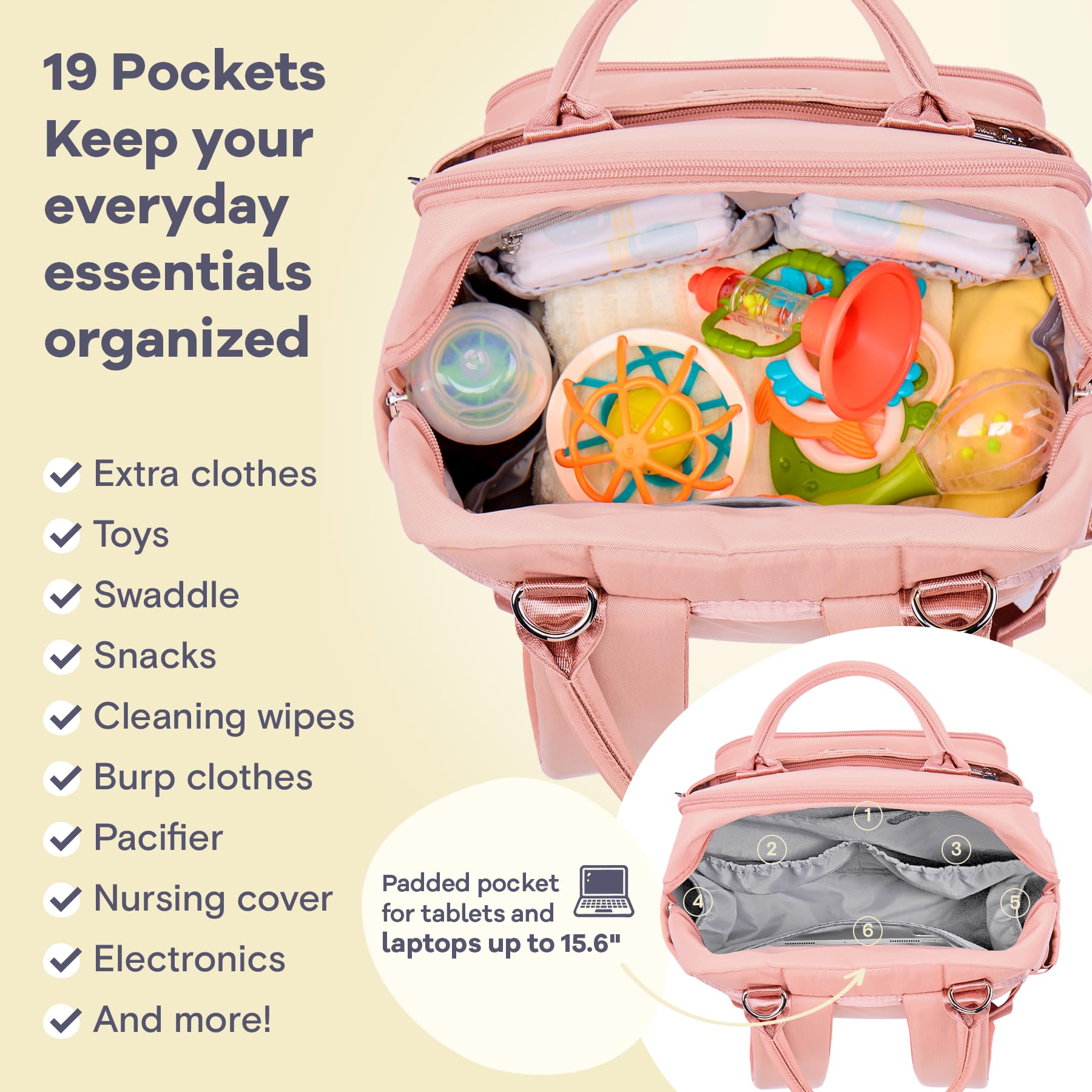 RUVALINO Diaper Bag Backpack, Multifunction Travel Pack Maternity Baby Changing Bags, Large Capacity, Waterproof, Beige