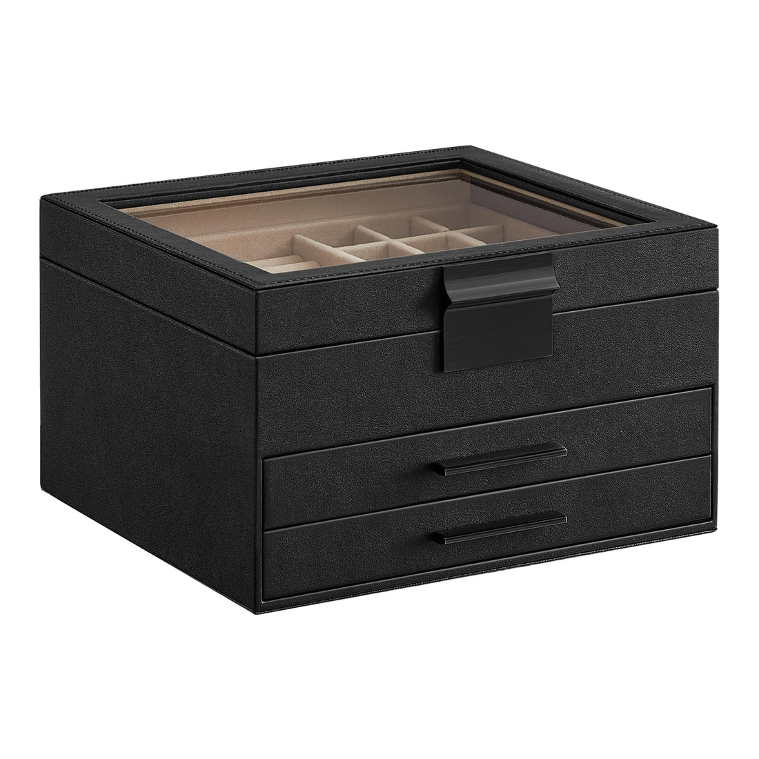 SONGMICS Jewelry Box with Glass Lid, 3-Layer Jewelry Organizer, 2 Drawers, for Big and Small Jewelry, Jewelry Storage, Modern Style, 8 x 9.1 x 5.3 Inches, Cloud White and Gold Color UJBC239WT