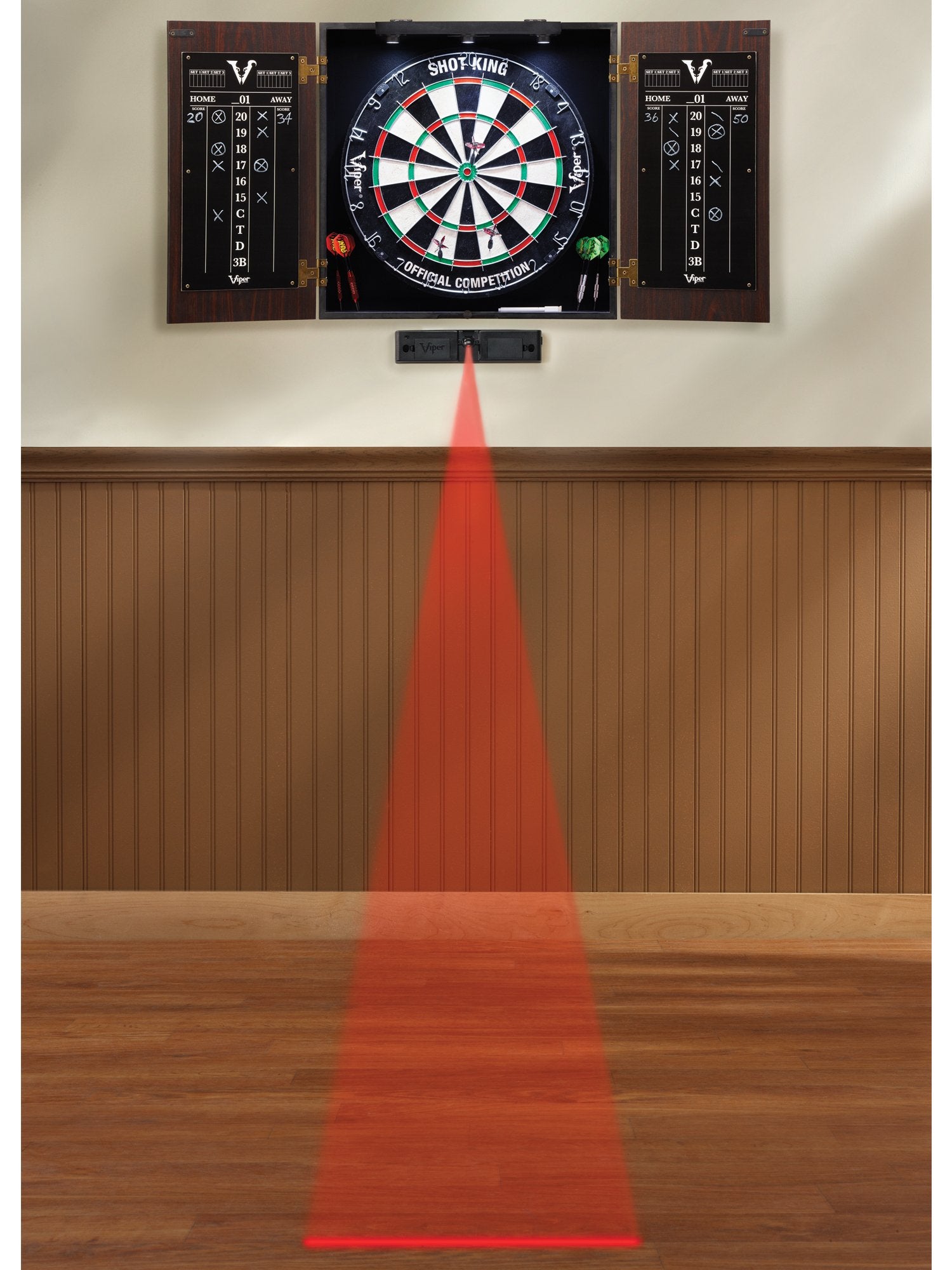 Viper Stadium Cabinet &amp; Shot King Sisal/Bristle Dartboard Ready-to-Play Bundle with Two Sets of Steel-Tip Darts, Throw Line, and Dry Erase Scoreboards, Walnut Finish