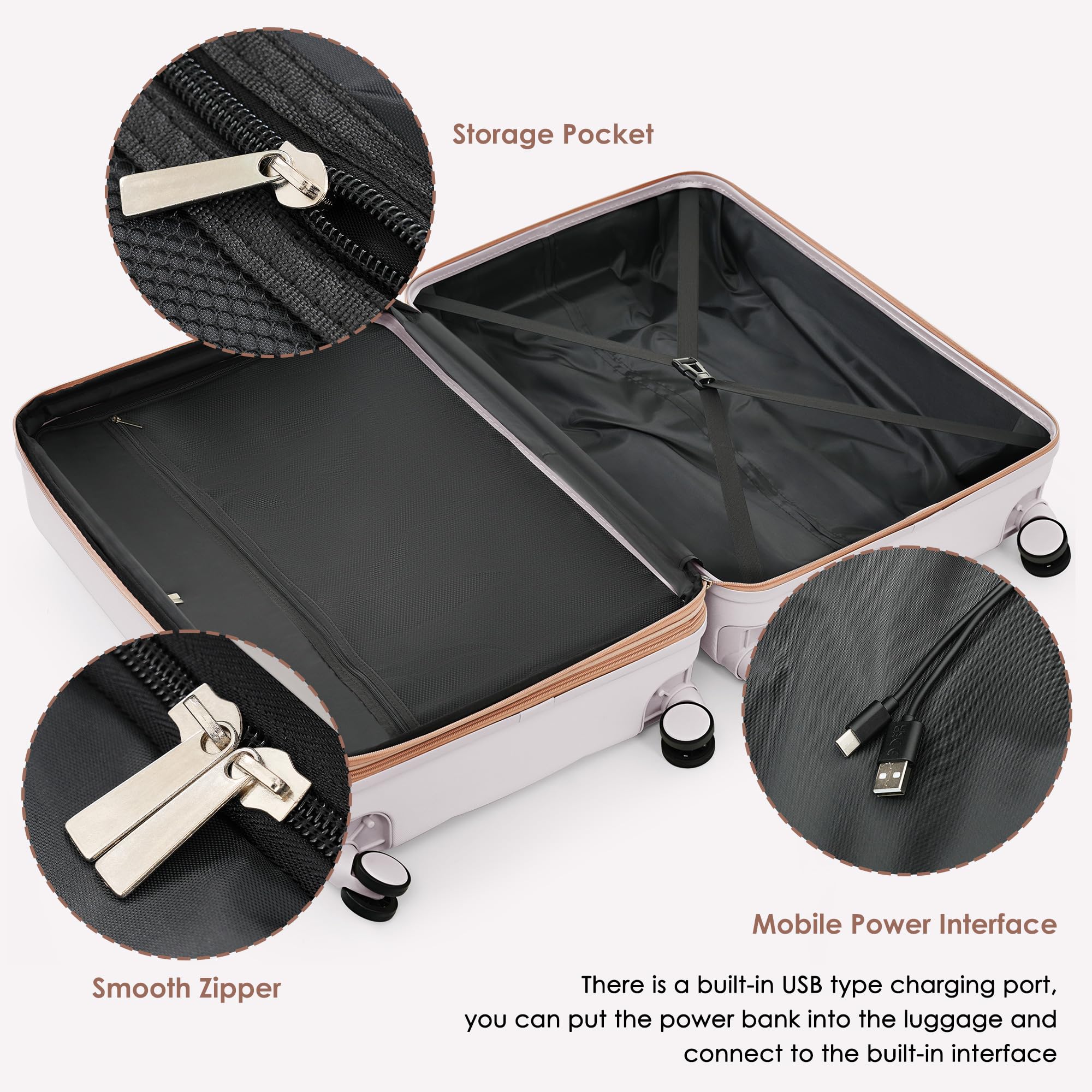 Merax 3 Pcs ABS Hardside Luggage Sets TSA Lock Spinner Wheel Suitcases, Pearly White, 20/24/28 Inch