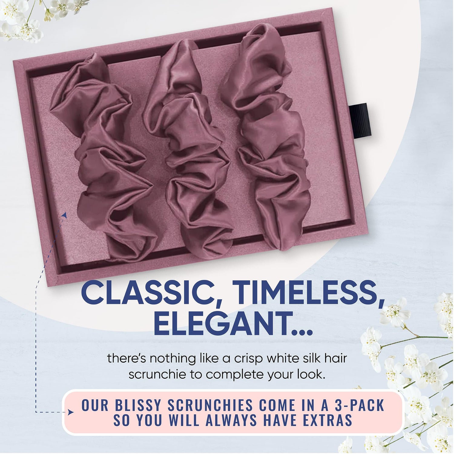 Blissy Silk Scrunchies (3 Pack) - 100% Pure Mulberry Silk - 22 Momme 6A High-Grade Fibers - Silk Scrunchie for Straight &amp; Curly Hair - Preventing Breakage, Tangling, &amp; Creasing (Black Skinny)