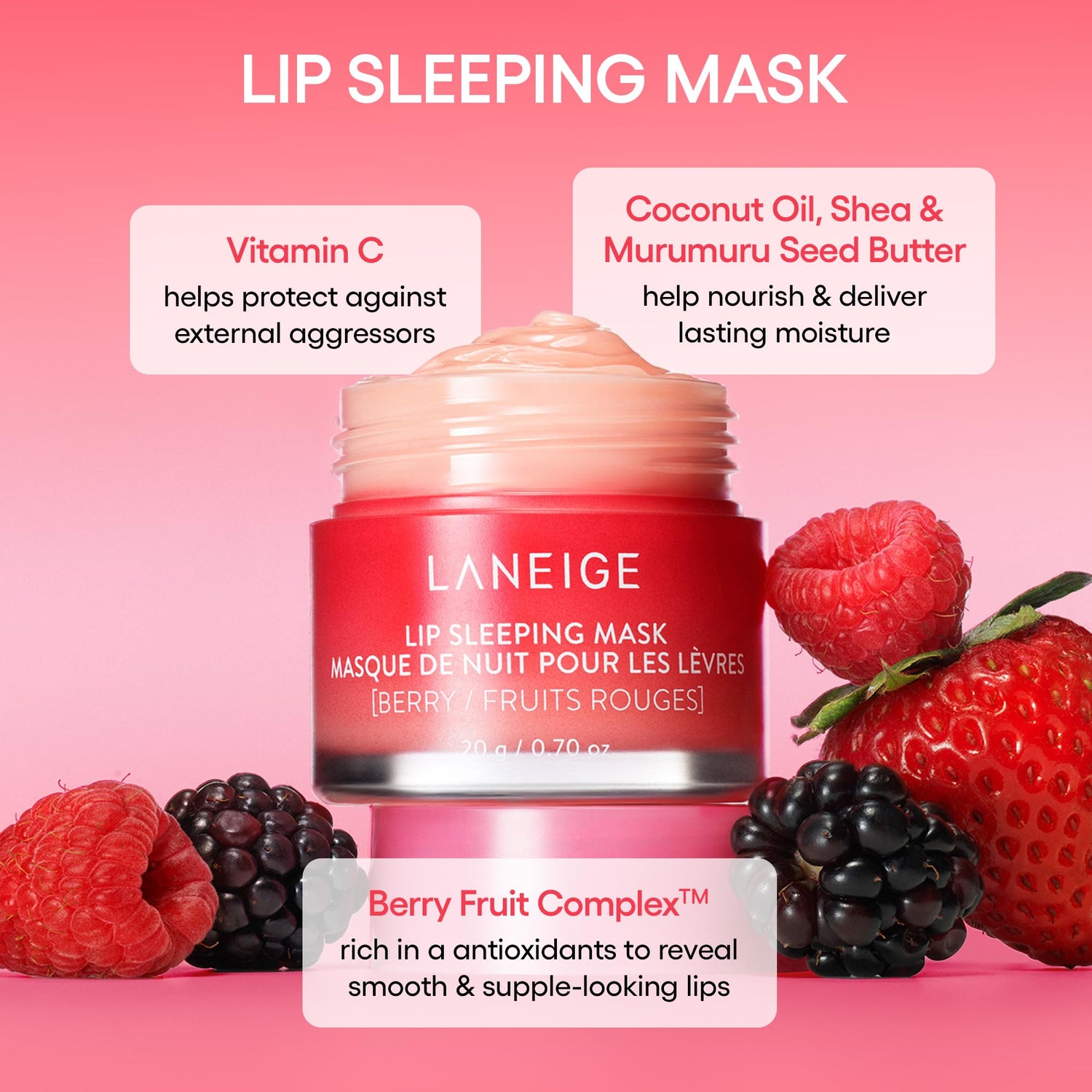 LANEIGE Lip Sleeping Mask: Nourish, Hydrate, Vitamin C, Murumuru &amp; Shea Butter, Antioxidants, Flaky, Dry Lips