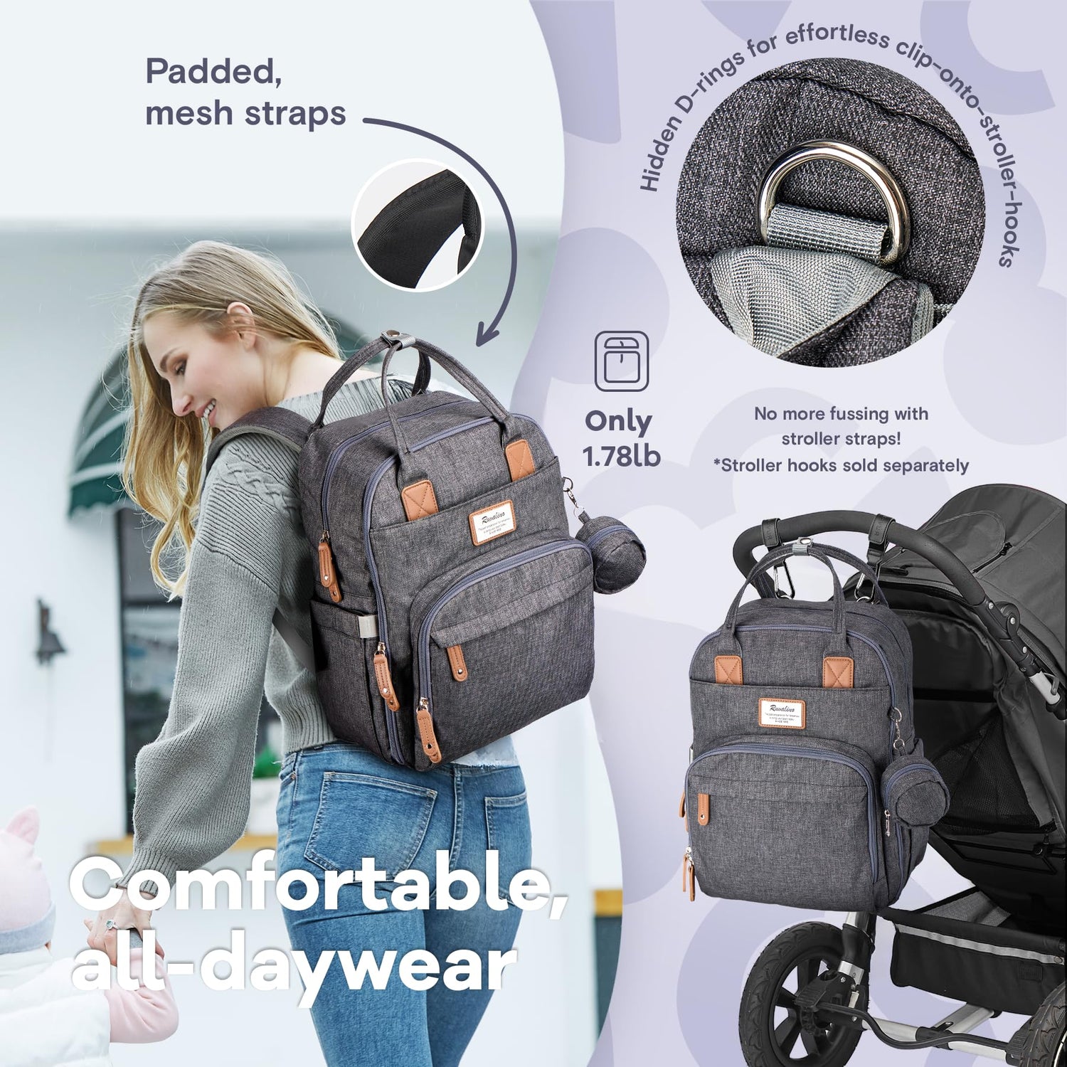 RUVALINO Diaper Bag Backpack, Multifunction Travel Pack Maternity Baby Changing Bags, Large Capacity, Waterproof, Beige