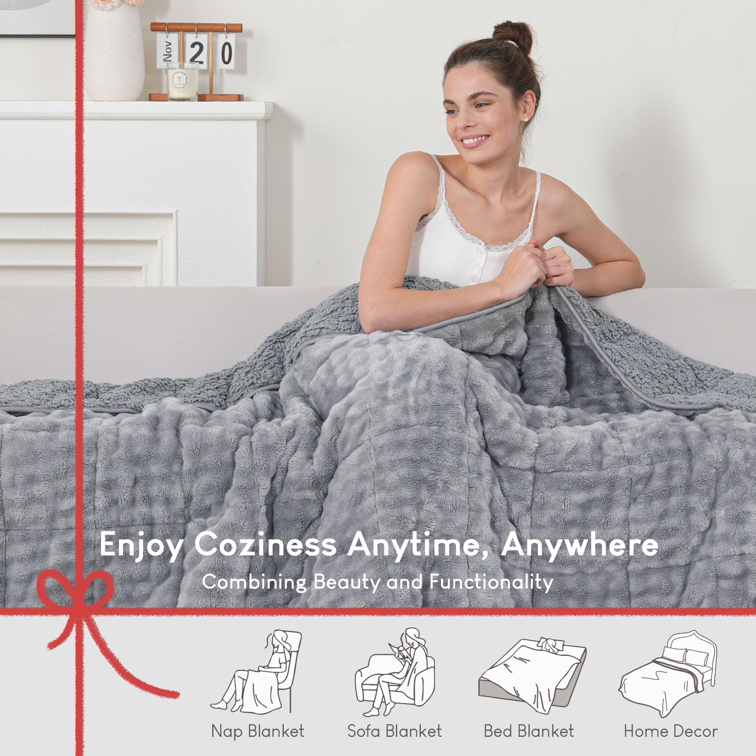 Cottonblue Weighted Blanket 15lbs Bubble Faux Fur Plush Sherpa Weighted Blankets for Adults, Fits Queen Size Bed, Cute Fuzzy Warm Heavy Blanket for Calm and Better Sleep, 60&quot;x80&quot;, Cream White