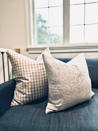 Pillow Cover 100% Linen 20 x 20 inches Double Sided Block Print with Zipper for Easy Removal Home Decor Shabby Chic Farmhouse Neutral Decorative Sofa Couch Accent (Plaid White Grey)