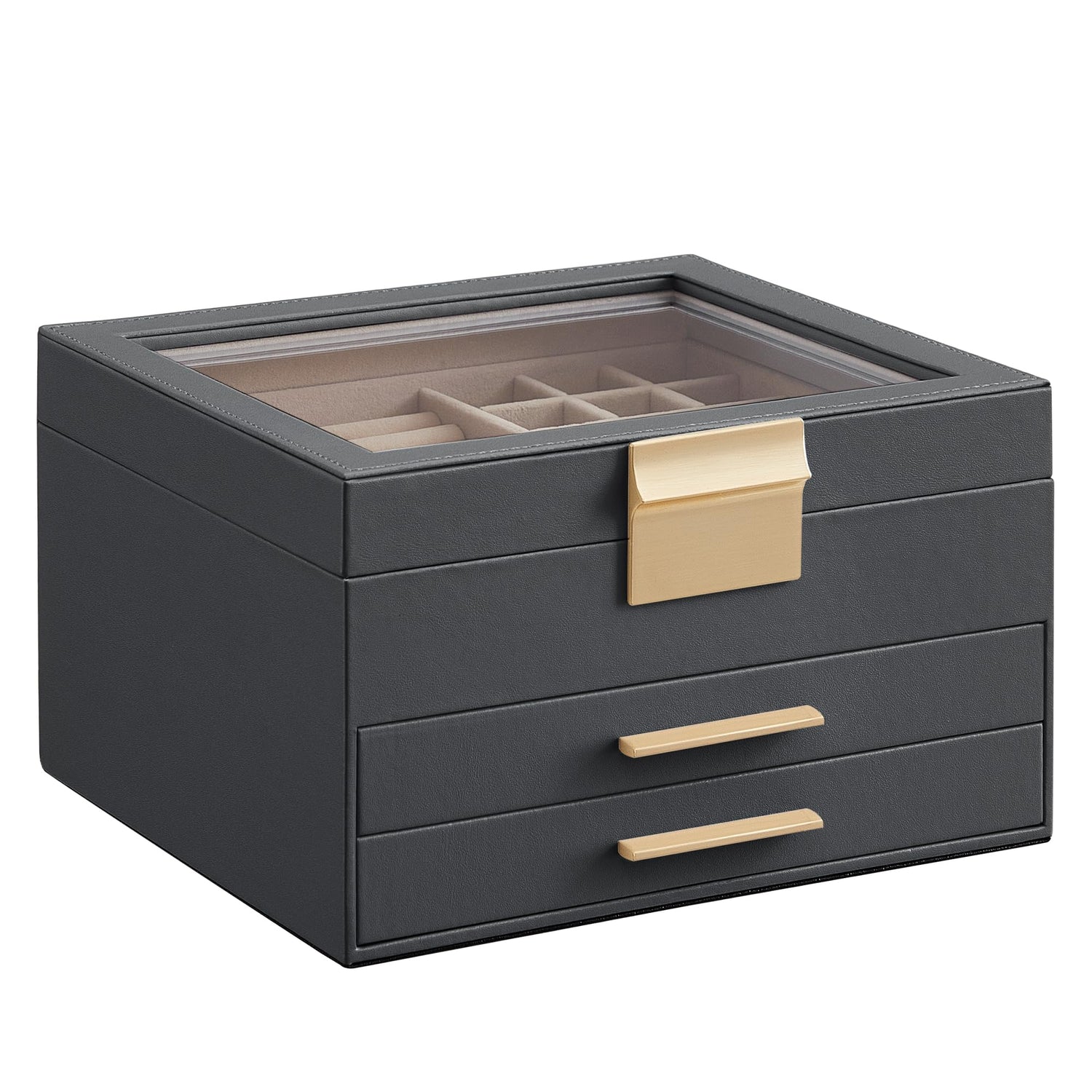 SONGMICS Jewelry Box with Glass Lid, 3-Layer Jewelry Organizer, 2 Drawers, for Big and Small Jewelry, Jewelry Storage, Modern Style, 8 x 9.1 x 5.3 Inches, Cloud White and Gold Color UJBC239WT