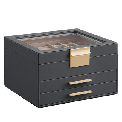 SONGMICS Jewelry Box with Glass Lid, 3-Layer Jewelry Organizer, 2 Drawers, for Big and Small Jewelry, Jewelry Storage, Modern Style, 8 x 9.1 x 5.3 Inches, Cloud White and Gold Color UJBC239WT