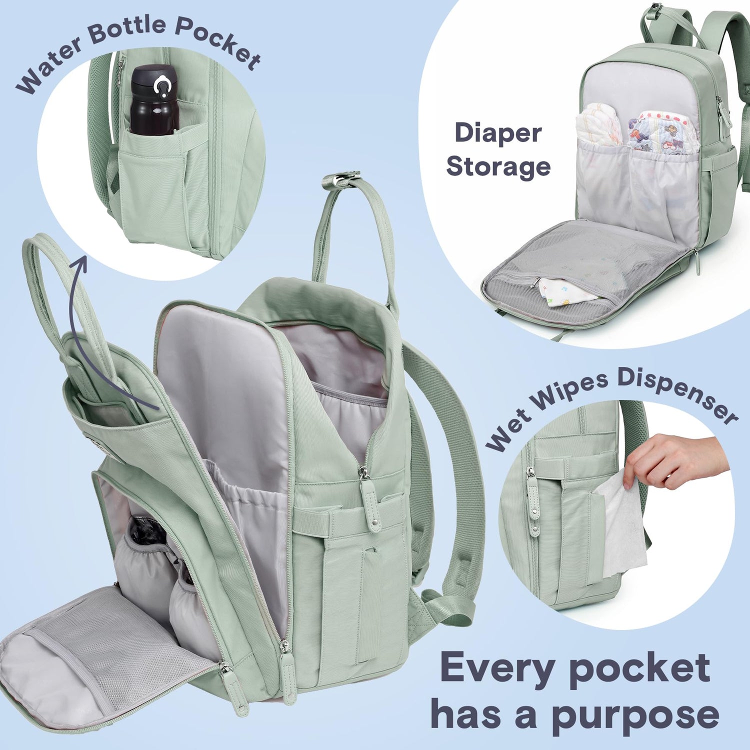 RUVALINO Diaper Bag Backpack, Multifunction Travel Pack Maternity Baby Changing Bags, Large Capacity, Waterproof, Beige