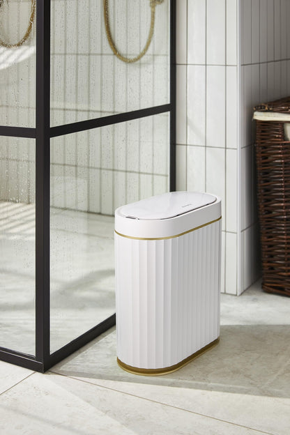 ELPHECO Mini Desktop Trash Can with Lid, Small Slim Automatic Garbage Can, 1.3 Gallon Motion Sensor Countertop Waste Basket for Bedroom, Office, Bathroom, White with Grey Trim