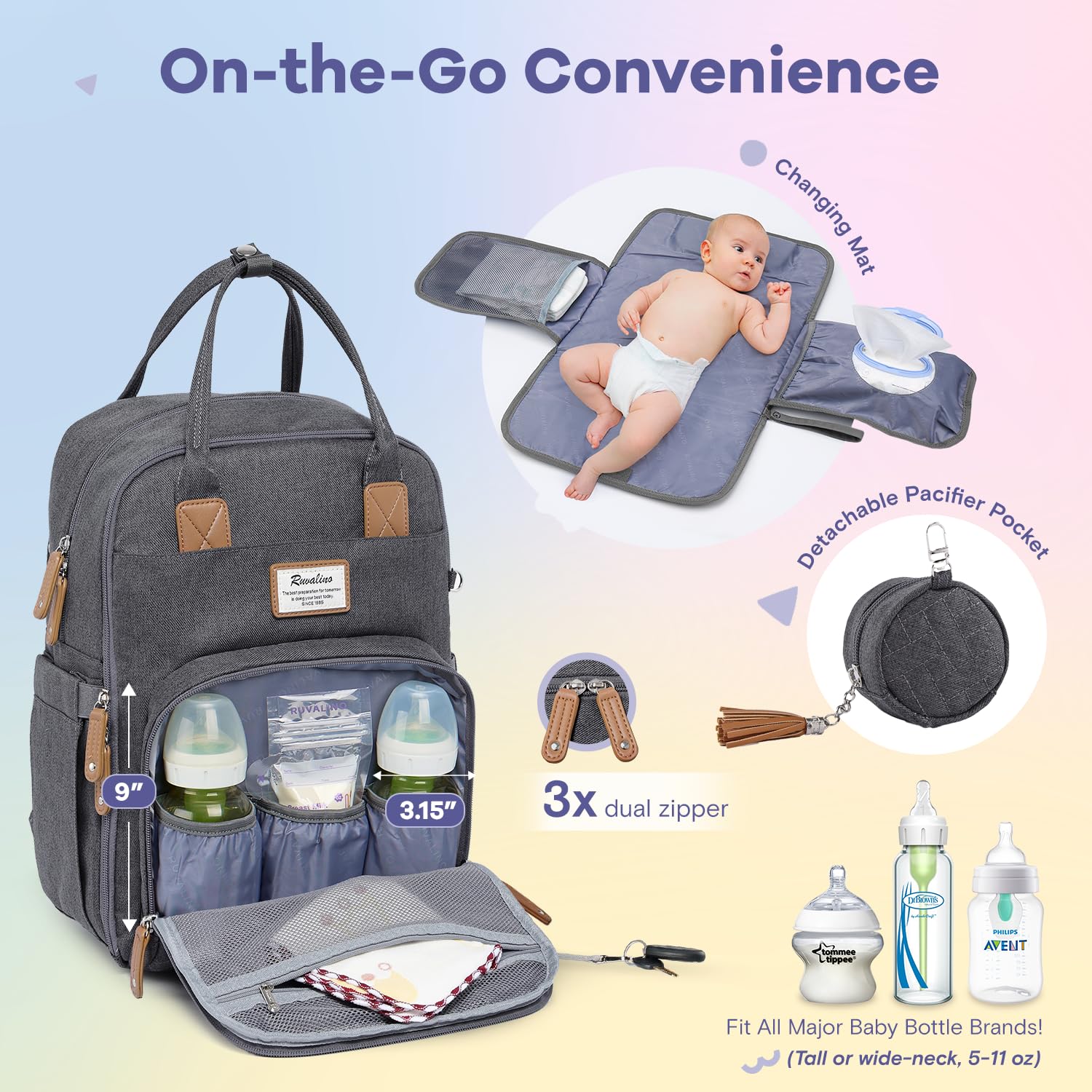 RUVALINO Diaper Bag Backpack, Multifunction Travel Pack Maternity Baby Changing Bags, Large Capacity, Waterproof, Beige