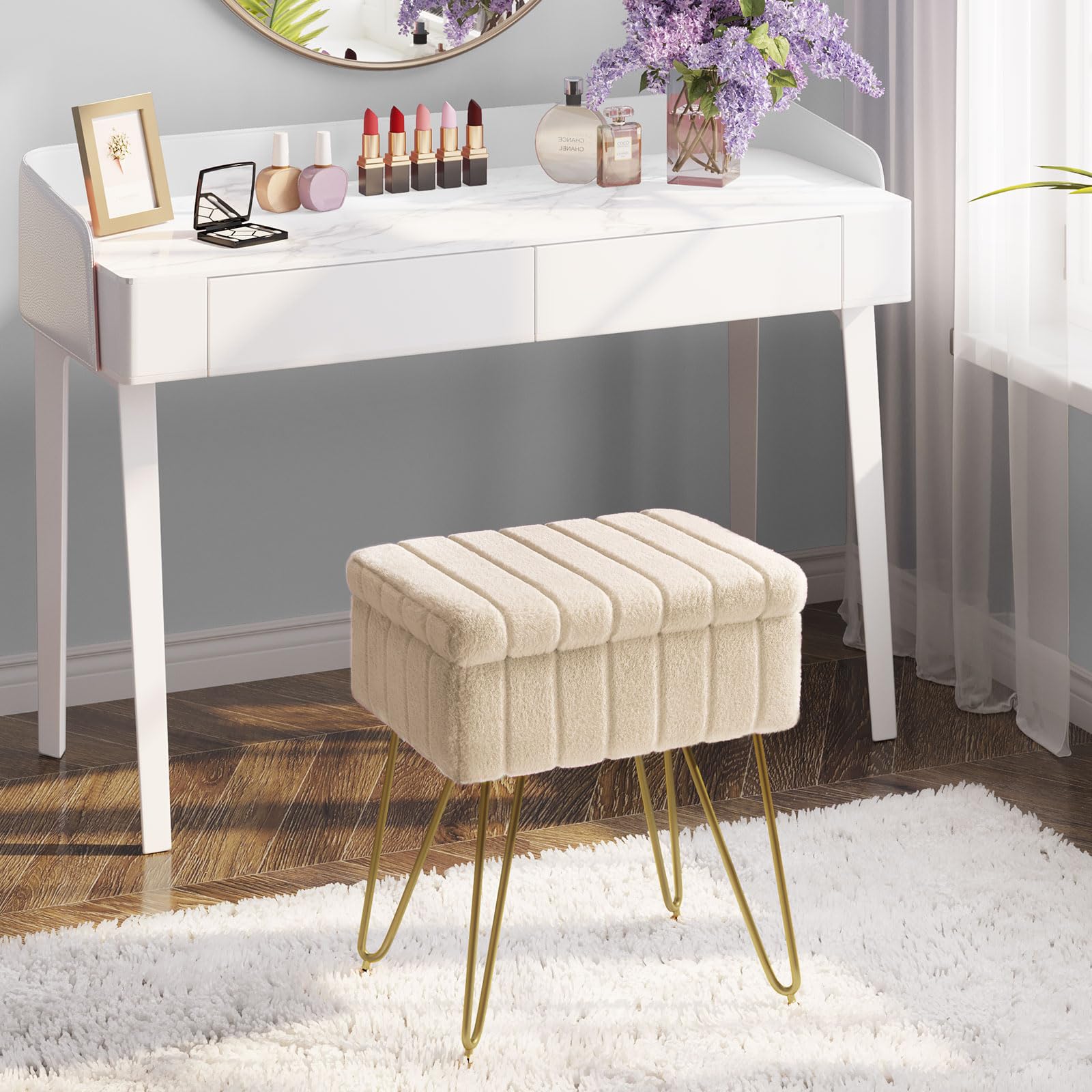 Greenstell Vanity Stool Chair Faux Fur with Storage, 19.4&quot; H x 15.7&quot; L x 11.8&quot; W Soft Ottoman 4 Metal Legs with Anti-Slip Feet, Furry Padded Seat, Modern Multifunctional Chairs for Makeup, Bedroom