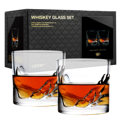 LIITON Heavy Crystal Whiskey Glasses Gift Set, Thick Freezable Bourbon Glass 1lb Each, Premium Whiskey Gifts for Men, Frozen Crystal Chills Cocktails Featuring Grand Canyon Glasses Set of 2, 10 oz
