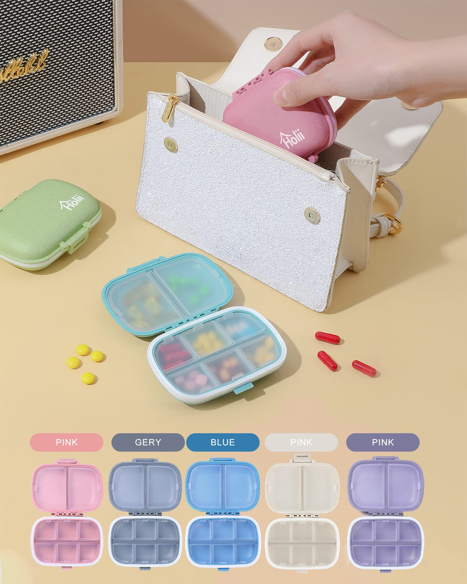 Holii Travel Pill Organizer, 8 Compartments Portable Pill Case, Daily Pill Box to Hold Vitamins, Small Pill Container for Pocket Purse Medicine Organizer（Khaki）