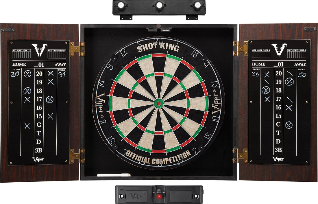 Viper Stadium Cabinet &amp; Shot King Sisal/Bristle Dartboard Ready-to-Play Bundle with Two Sets of Steel-Tip Darts, Throw Line, and Dry Erase Scoreboards, Walnut Finish