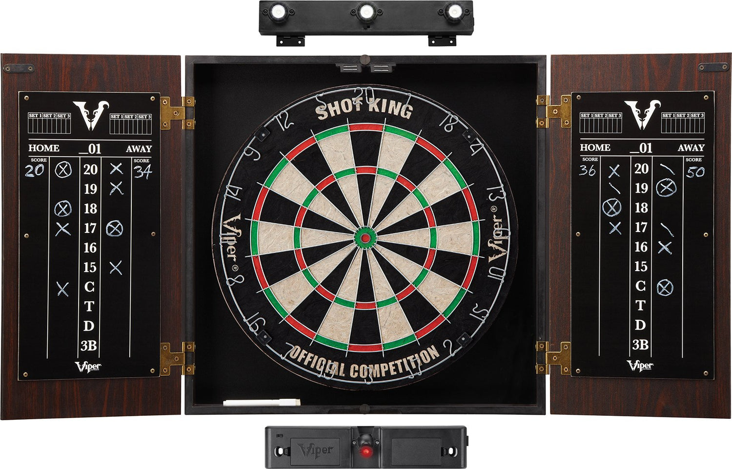 Viper Stadium Cabinet &amp; Shot King Sisal/Bristle Dartboard Ready-to-Play Bundle with Two Sets of Steel-Tip Darts, Throw Line, and Dry Erase Scoreboards, Walnut Finish