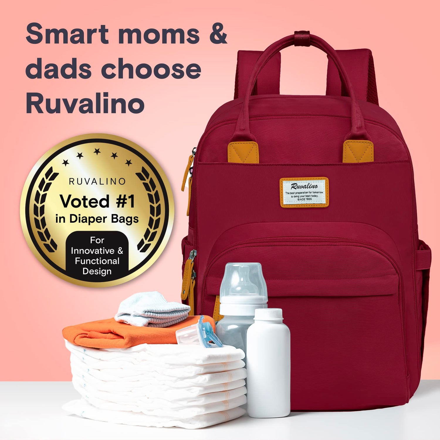 RUVALINO Diaper Bag Backpack, Multifunction Travel Pack Maternity Baby Changing Bags, Large Capacity, Waterproof, Beige