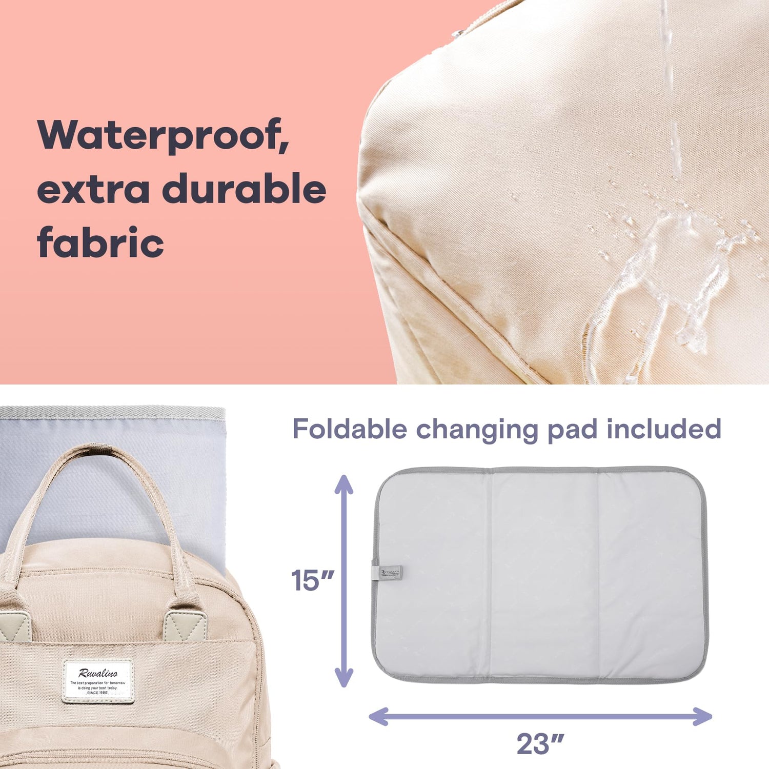 RUVALINO Diaper Bag Backpack, Multifunction Travel Pack Maternity Baby Changing Bags, Large Capacity, Waterproof, Beige