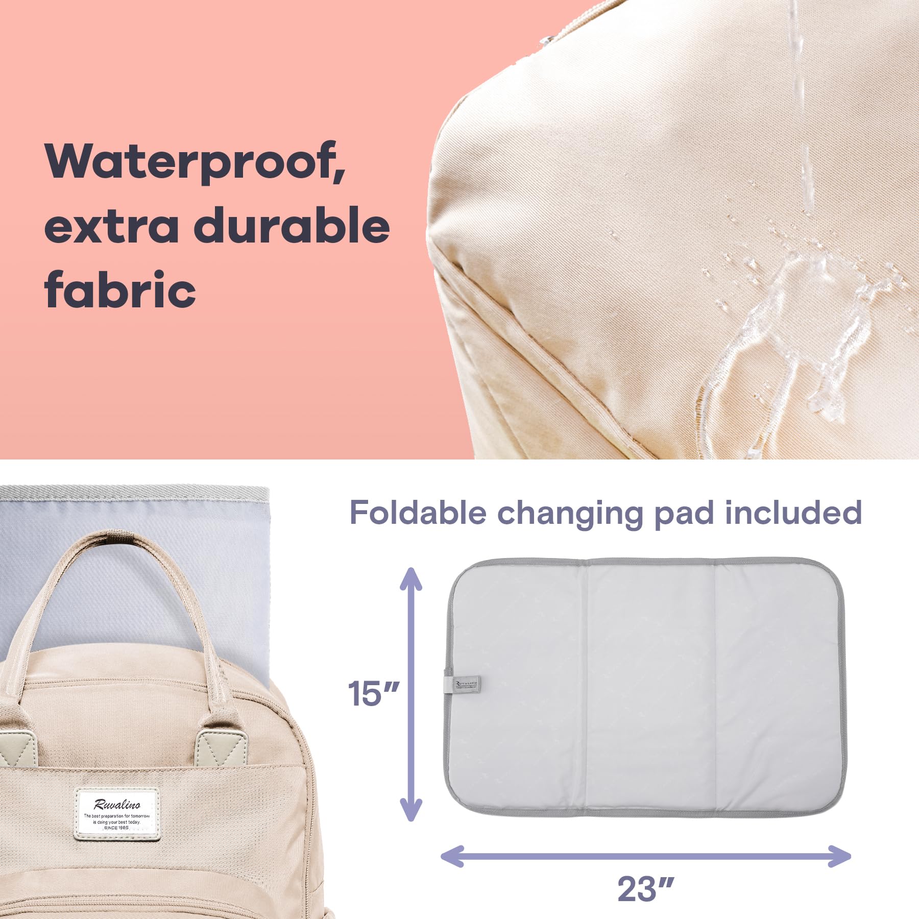 RUVALINO Diaper Bag Backpack, Multifunction Travel Pack Maternity Baby Changing Bags, Large Capacity, Waterproof, Beige