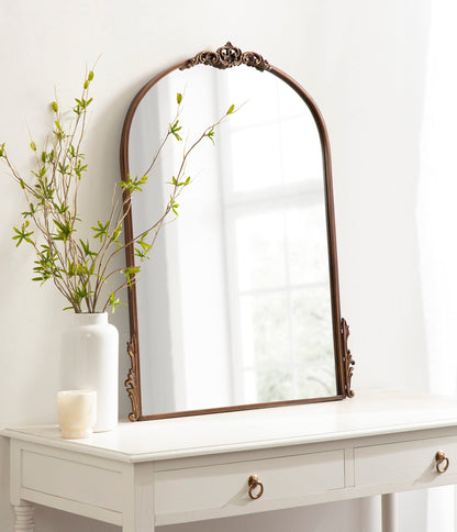 Kate and Laurel Myrcelle Traditional Arched Mirror, 25 x 33, Gold, Decorative Large Arch Mirror with Ornate Garland Detailing Along The Crown and Edges of The Frame