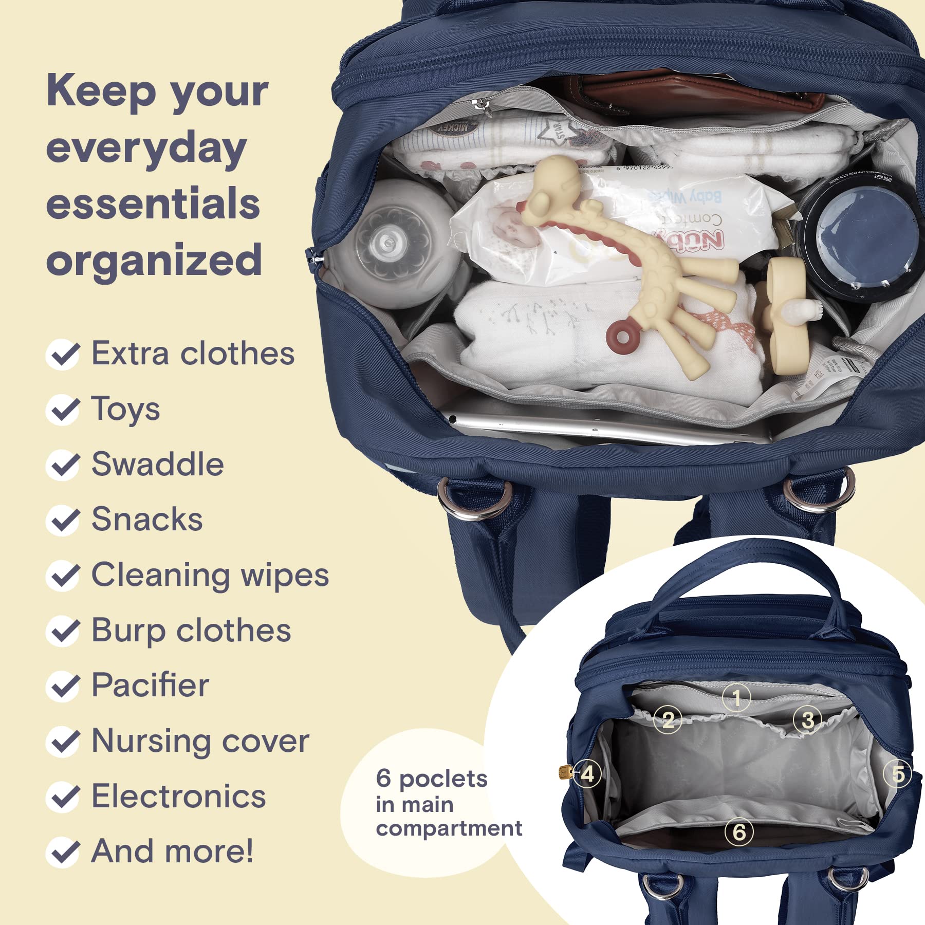 RUVALINO Diaper Bag Backpack, Multifunction Travel Pack Maternity Baby Changing Bags, Large Capacity, Waterproof, Beige