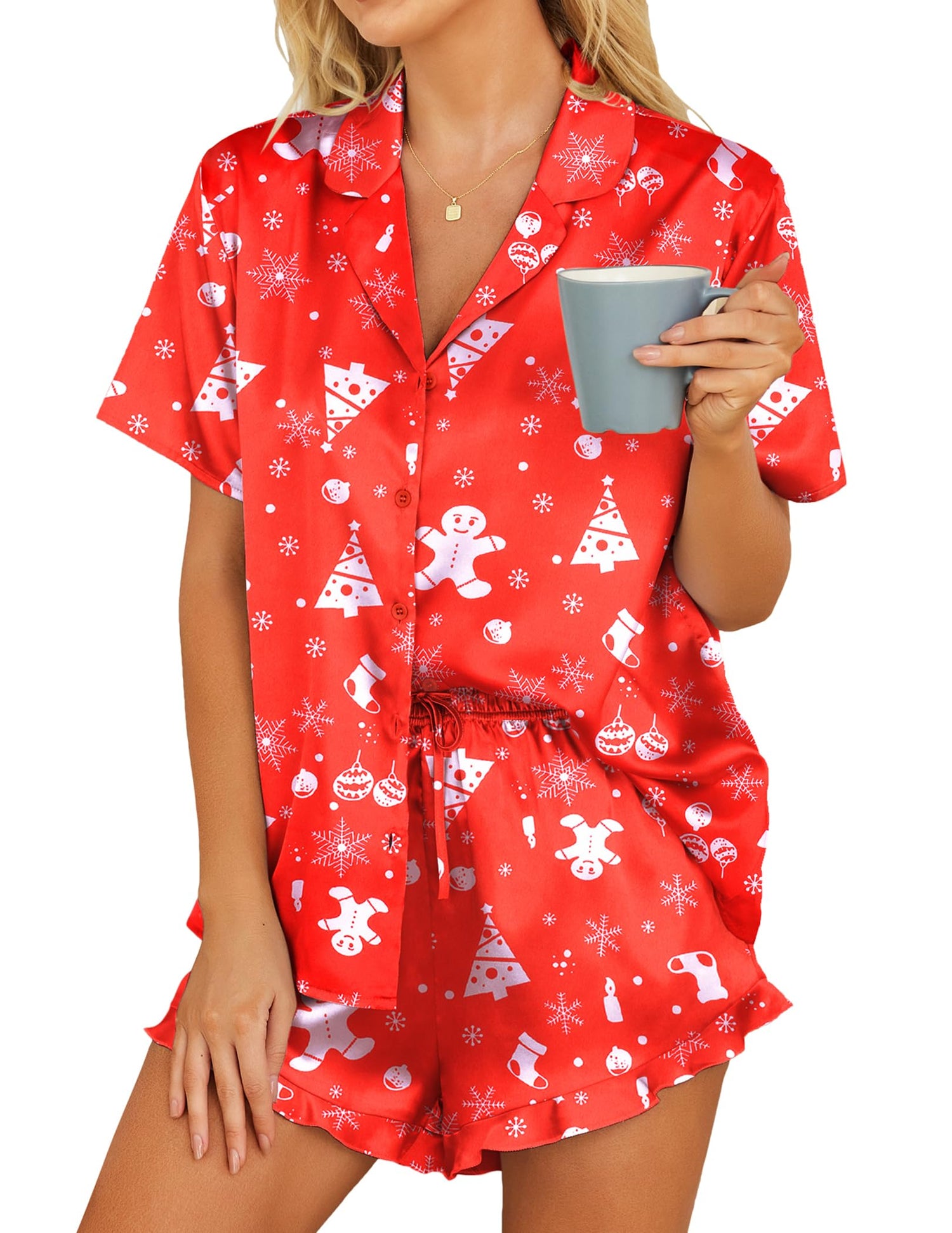 HOTOUCH Womens Satin Pajamas Set Button Down 2 Piece Silk Pjs Shorts Set Ruffle Lingerie Notch Collar Sleepwear