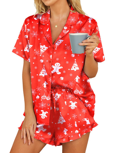 HOTOUCH Womens Satin Pajamas Set Button Down 2 Piece Silk Pjs Shorts Set Ruffle Lingerie Notch Collar Sleepwear
