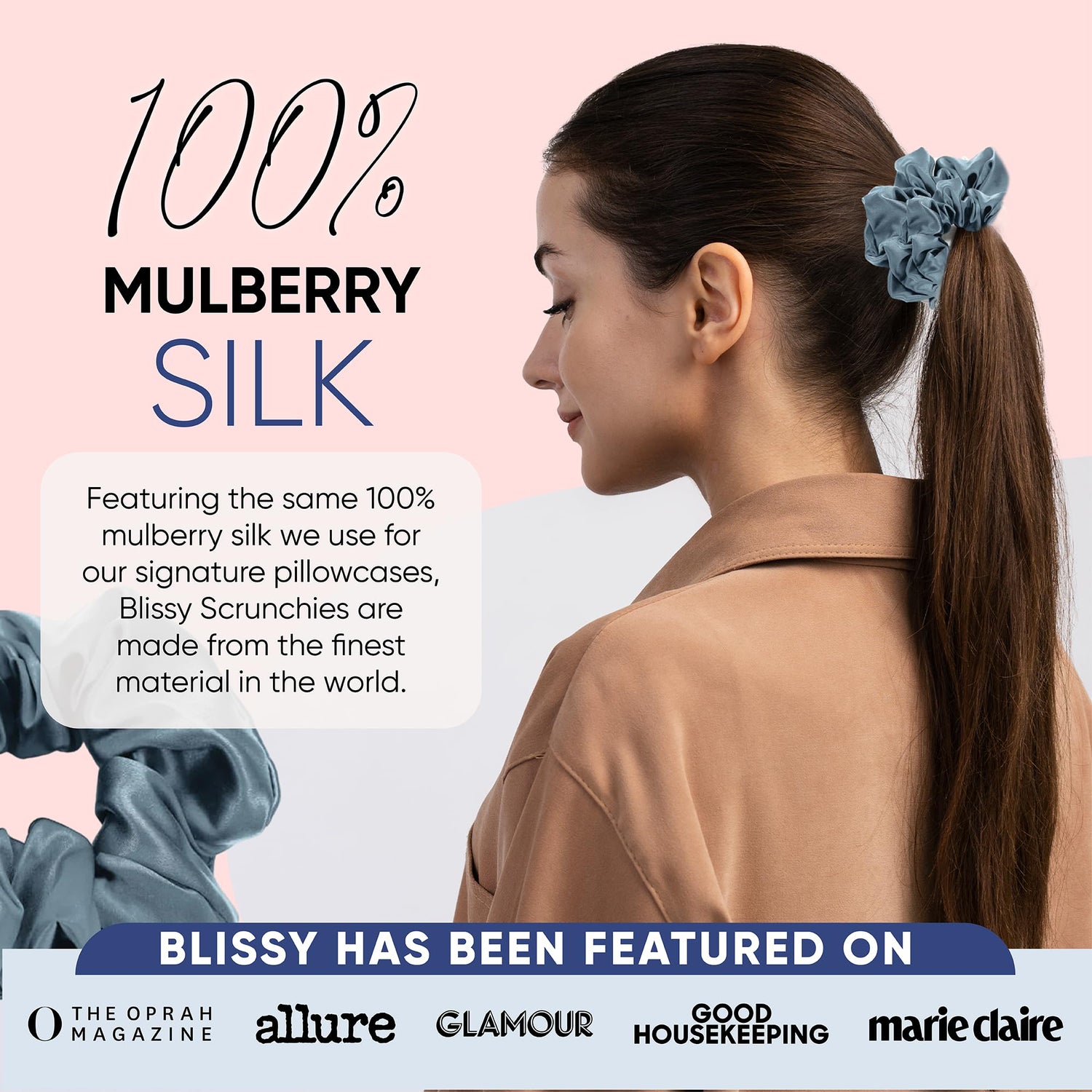 Blissy Silk Scrunchies (3 Pack) - 100% Pure Mulberry Silk - 22 Momme 6A High-Grade Fibers - Silk Scrunchie for Straight &amp; Curly Hair - Preventing Breakage, Tangling, &amp; Creasing (Rose Skinny)
