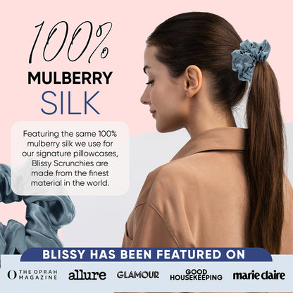 Blissy Silk Scrunchies (3 Pack) - 100% Pure Mulberry Silk - 22 Momme 6A High-Grade Fibers - Silk Scrunchie for Straight &amp; Curly Hair - Preventing Breakage, Tangling, &amp; Creasing (Rose Skinny)