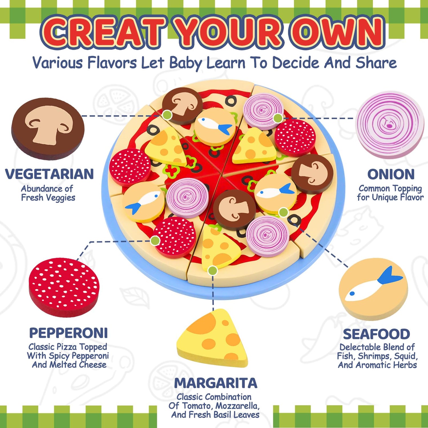 Beberolen Wooden Pizza Toy Play Food Set for Kids Pretend Play Kitchen Accessories Cutting Food Toys for 3 4 5 Years Old Toddlers Boys Girls