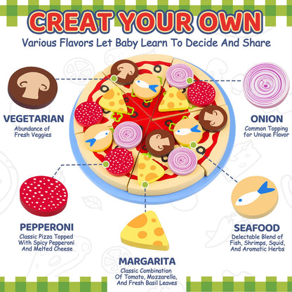 Beberolen Wooden Pizza Toy Play Food Set for Kids Pretend Play Kitchen Accessories Cutting Food Toys for 3 4 5 Years Old Toddlers Boys Girls