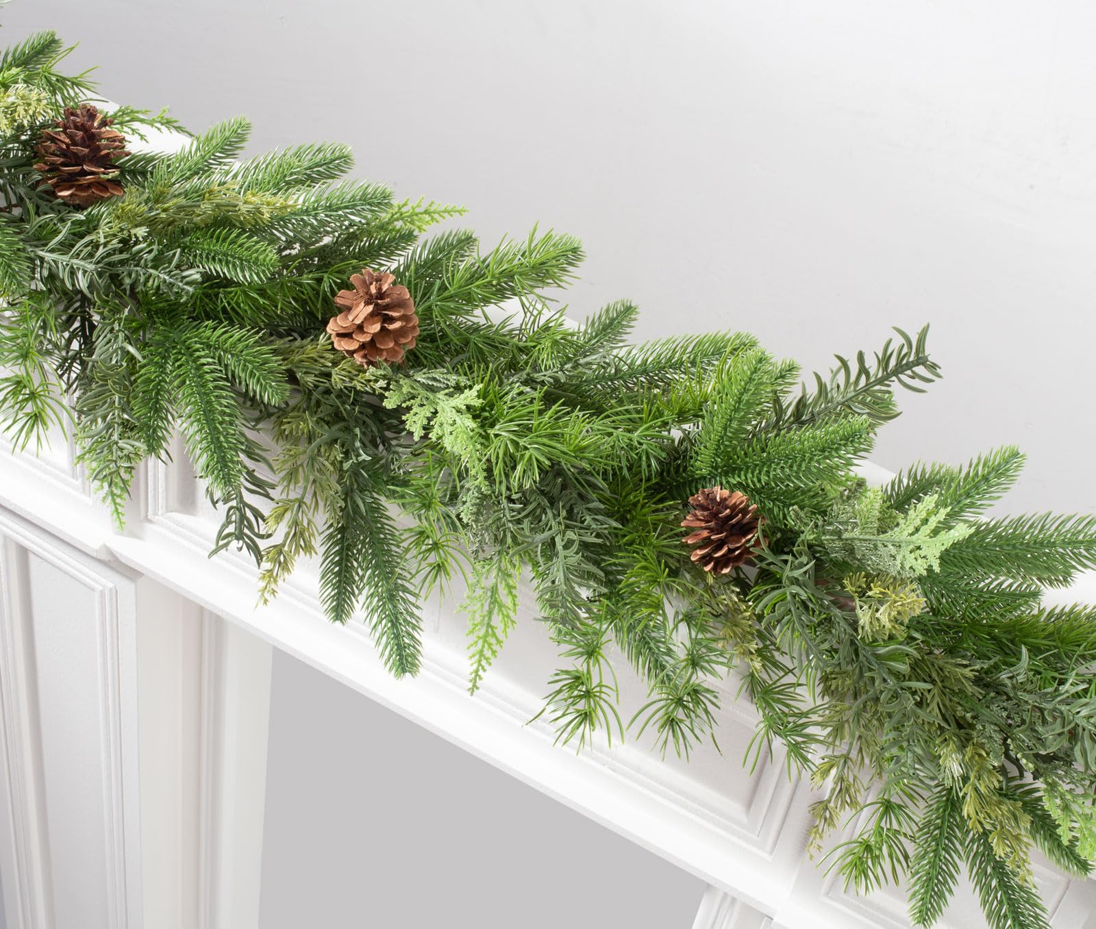 Jin&amp;Bao 6FT Real Touch Norfolk Pine Garlands, Christmas Garland with Lights, Christmas Decorations for Mantel Stairs Table Runner Outdoor Indoor Winter Decor, 50 LED with Timer 8 Modes