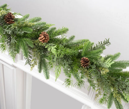 Jin&amp;Bao 6FT Real Touch Norfolk Pine Garlands, Christmas Garland with Lights, Christmas Decorations for Mantel Stairs Table Runner Outdoor Indoor Winter Decor, 50 LED with Timer 8 Modes