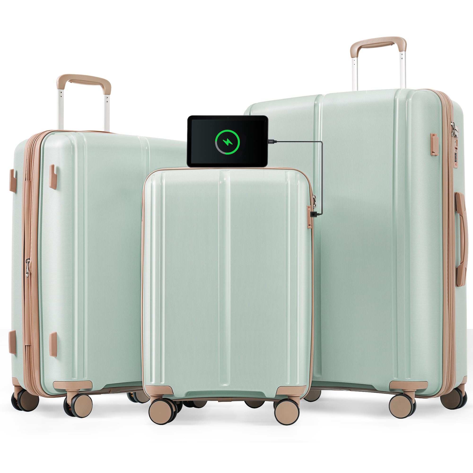 Merax 3 Pcs ABS Hardside Luggage Sets TSA Lock Spinner Wheel Suitcases, Pearly White, 20/24/28 Inch