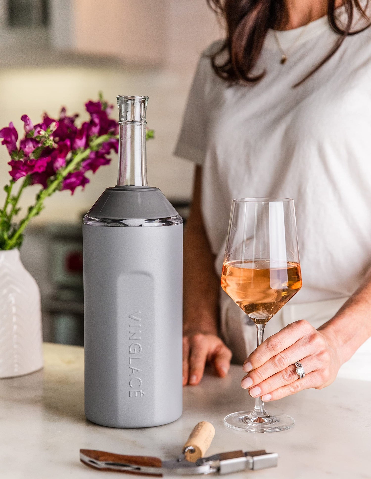 Vinglacé Wine Bottle Chiller- Portable Champagne Insulator- Stainless Steel Wine Cooler Sleeve, White
