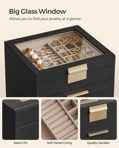 SONGMICS Jewelry Box with Glass Lid, 3-Layer Jewelry Organizer, 2 Drawers, for Big and Small Jewelry, Jewelry Storage, Modern Style, 8 x 9.1 x 5.3 Inches, Cloud White and Gold Color UJBC239WT