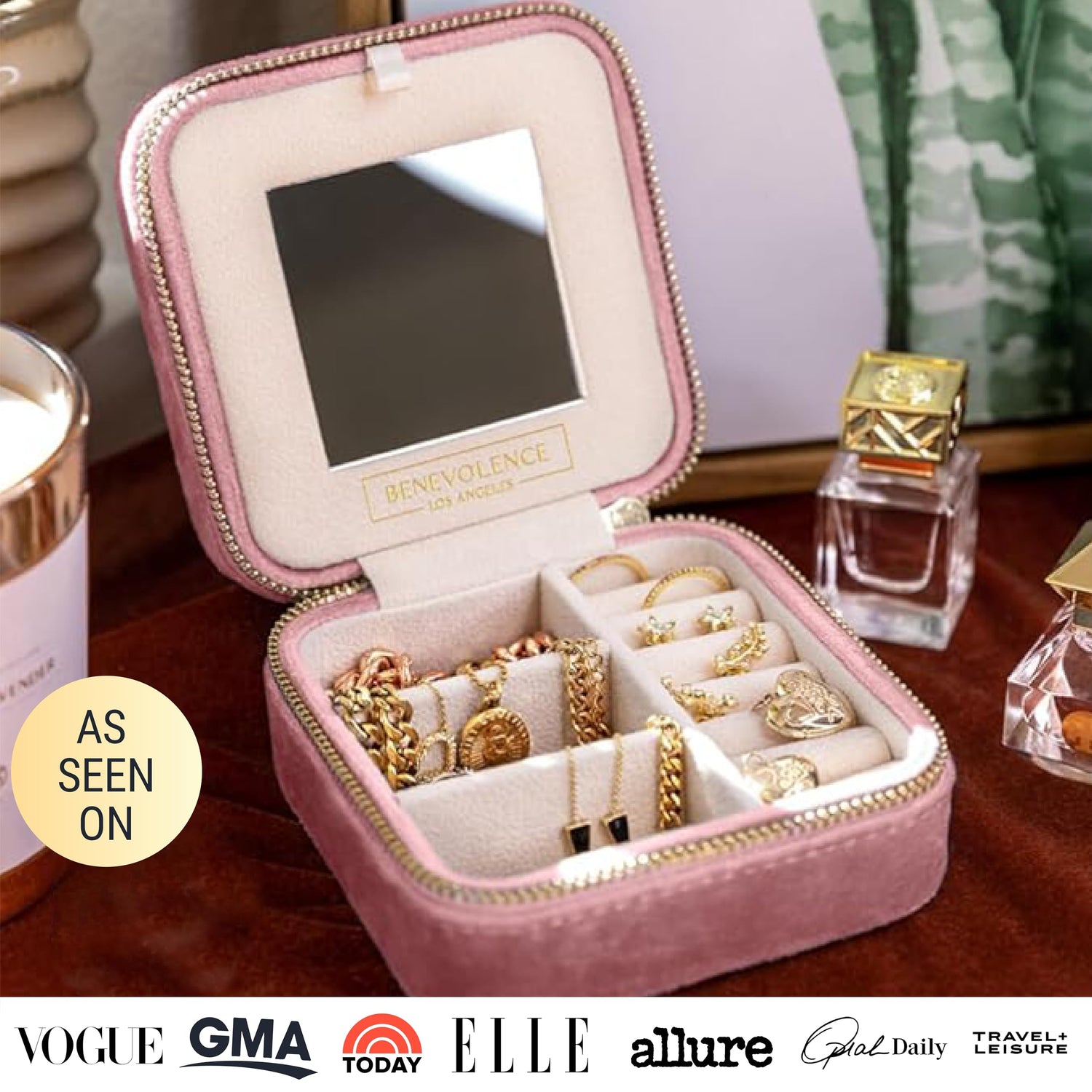 Benevolence LA Plush Velvet Travel Jewelry Storage Box | Travel Jewelry Case Small Jewelry Box for Women | Jewelry Travel Organizer | Earring Organizer with Mirror - Dusty Pink