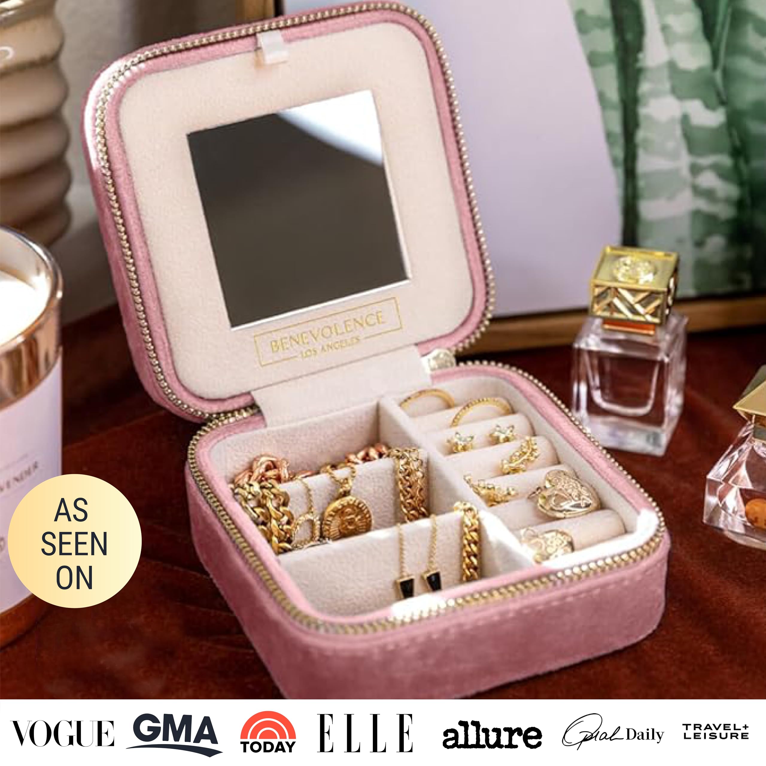 Benevolence LA Plush Velvet Travel Jewelry Storage Box | Travel Jewelry Case Small Jewelry Box for Women | Jewelry Travel Organizer | Earring Organizer with Mirror - Dusty Pink
