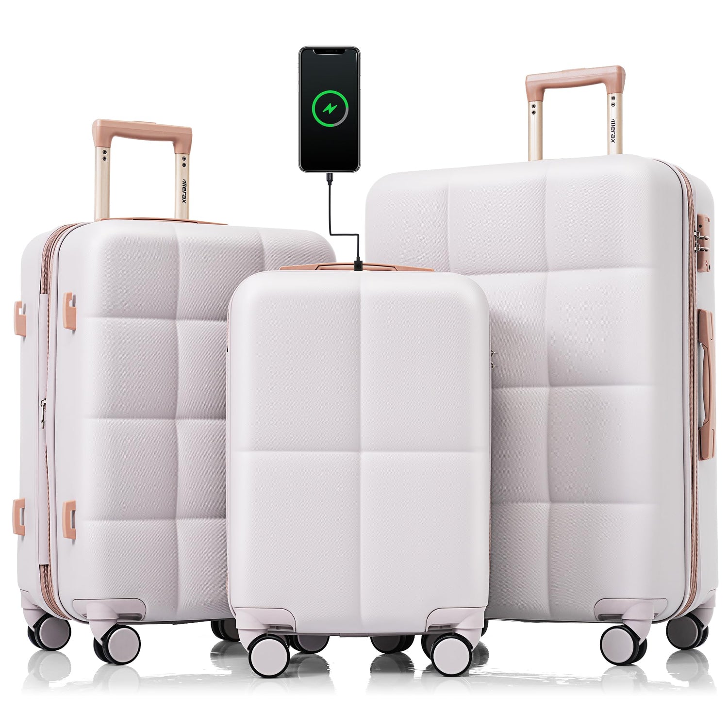 Merax 3 Pcs ABS Hardside Luggage Sets TSA Lock Spinner Wheel Suitcases, Pearly White, 20/24/28 Inch