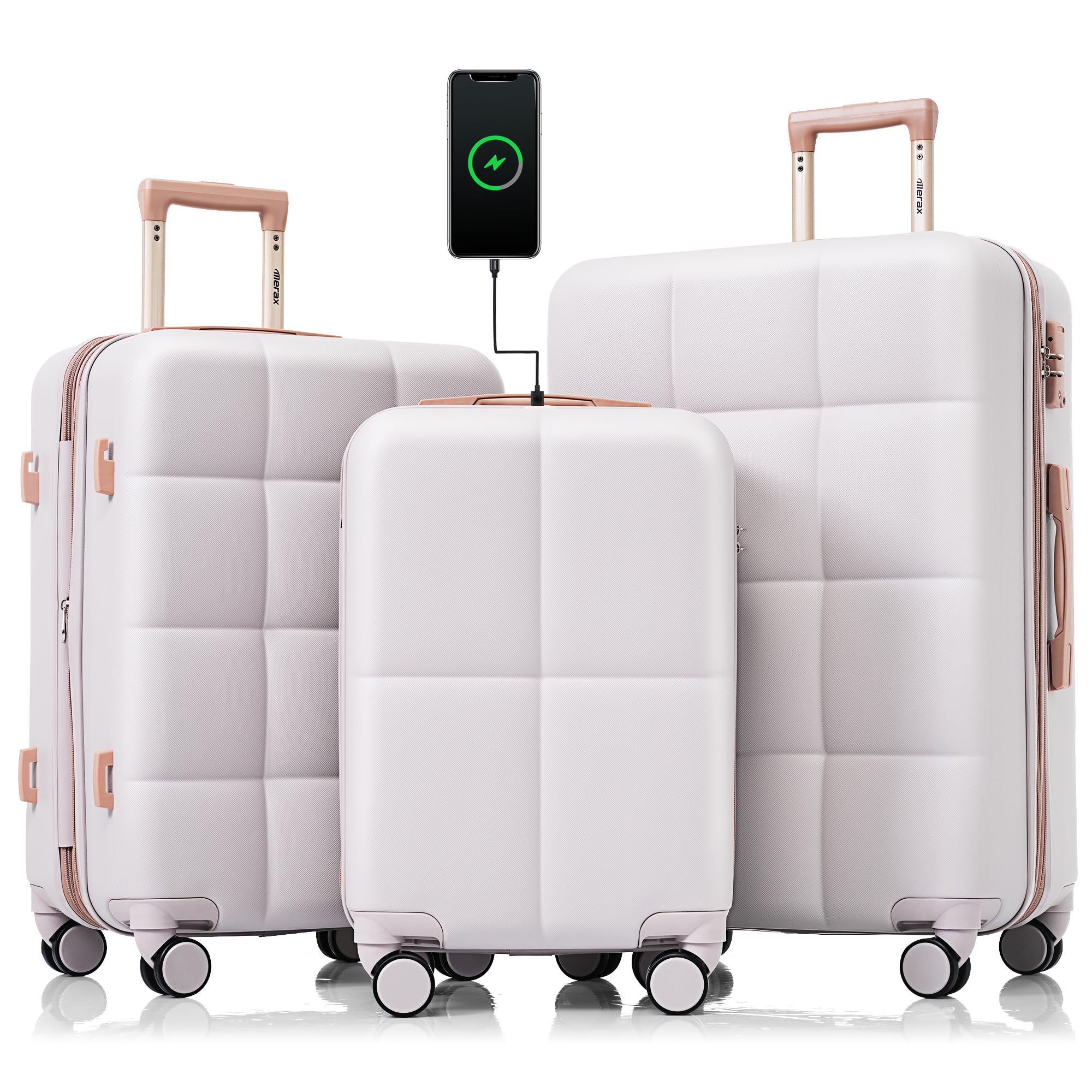 Merax 3 Pcs ABS Hardside Luggage Sets TSA Lock Spinner Wheel Suitcases, Pearly White, 20/24/28 Inch