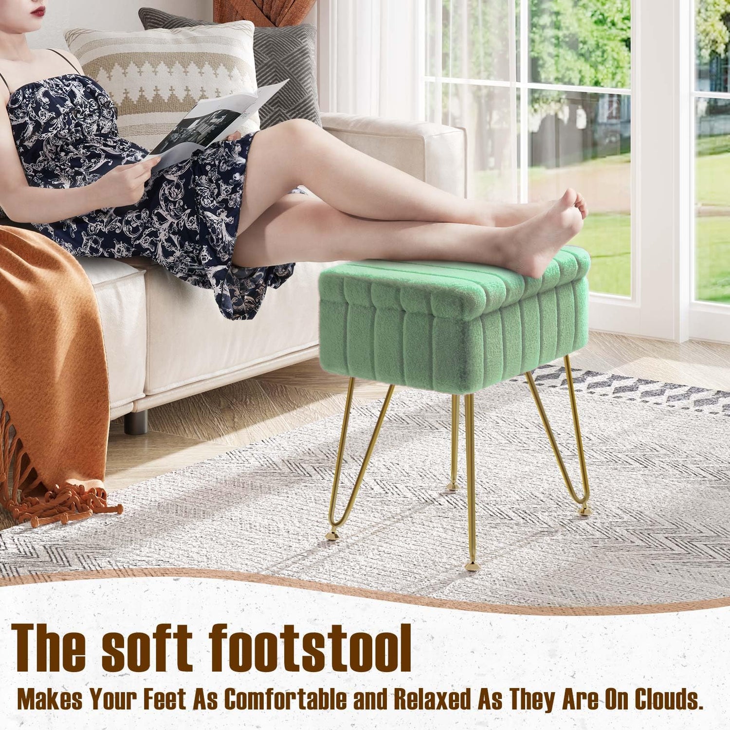 Greenstell Vanity Stool Chair Faux Fur with Storage, 19.4&quot; H x 15.7&quot; L x 11.8&quot; W Soft Ottoman 4 Metal Legs with Anti-Slip Feet, Furry Padded Seat, Modern Multifunctional Chairs for Makeup, Bedroom