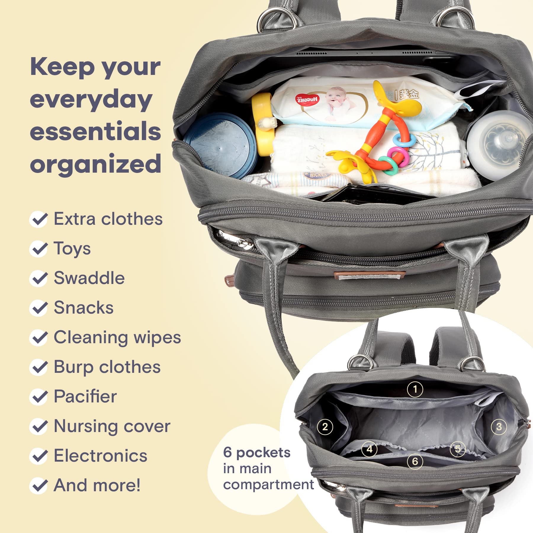 RUVALINO Diaper Bag Backpack, Multifunction Travel Pack Maternity Baby Changing Bags, Large Capacity, Waterproof, Beige